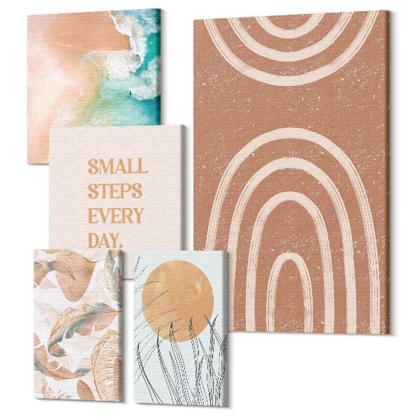 Sada obrazov na stenu pentaptych Štýlové dekorácie s rastlinnými a geometrickými motívmi