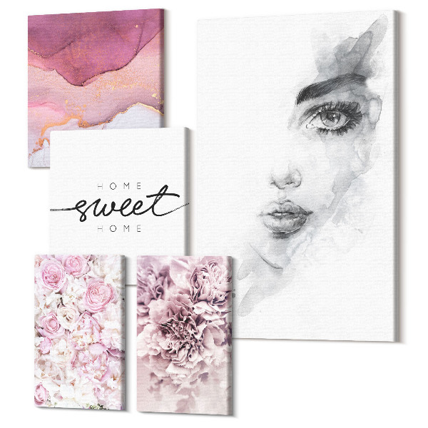 Sada obrazov pentaptych Ženské portréty a kvetinové kompozície v pasteloch