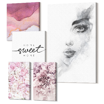 Sada obrazov pentaptych Ženské portréty a kvetinové kompozície v pasteloch