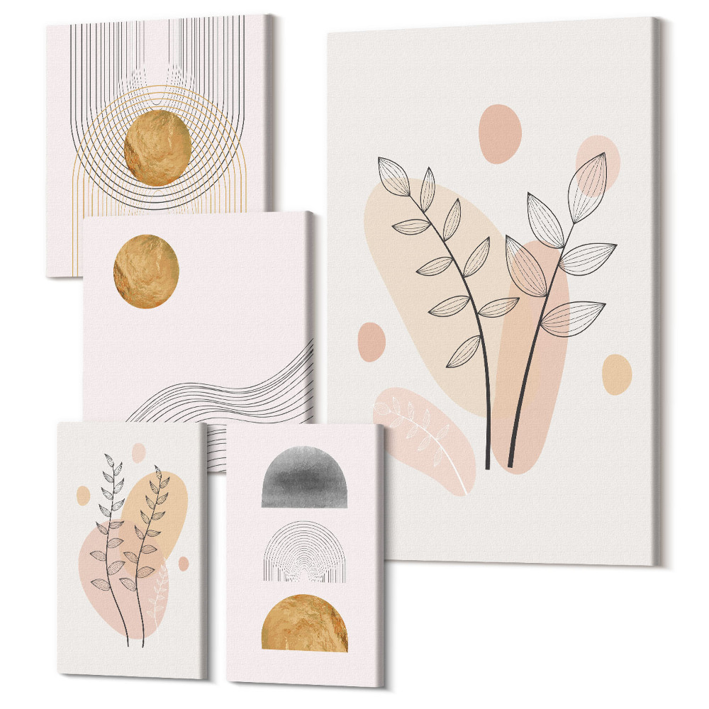 Sada obrazov pentaptych Štýlové dekorácie v minimalistickom dizajne s rastlinami