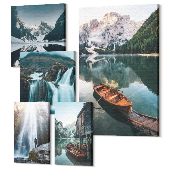 Sada obrazov pentaptych Horská krajina s vodopádmi a alpskými jazerami