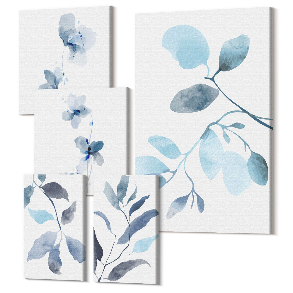 Sada obrazov pentaptych Rastlinné akcenty v jemných odtieňoch modrej