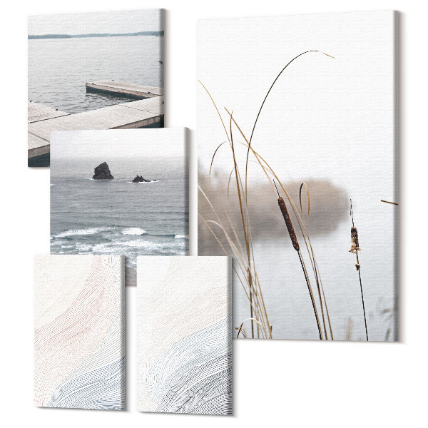Sada obrazov na stenu pentaptych Minimalistická prímorská krajina s jemnými vlnami