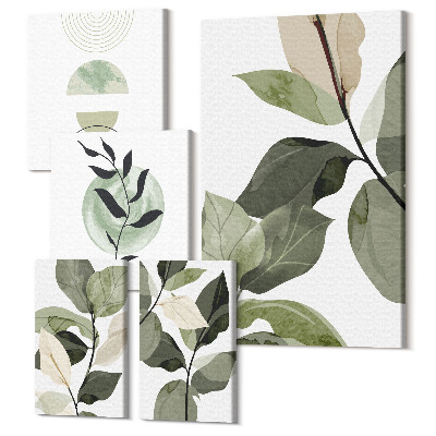 Sada obrazov pentaptych Rastlinné motívy v škandinávskom štýle so zeleňou a grafikou