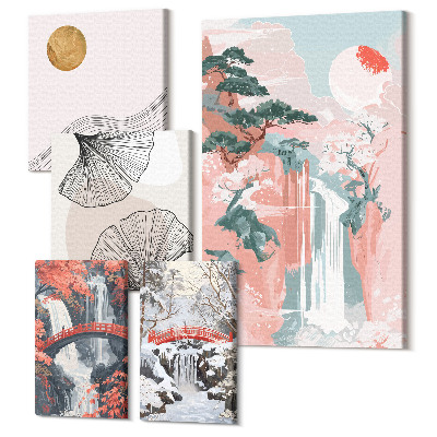 Sada obrazov pentaptych Prírodná krajina s vodopádmi a vegetáciou v japonskom štýle
