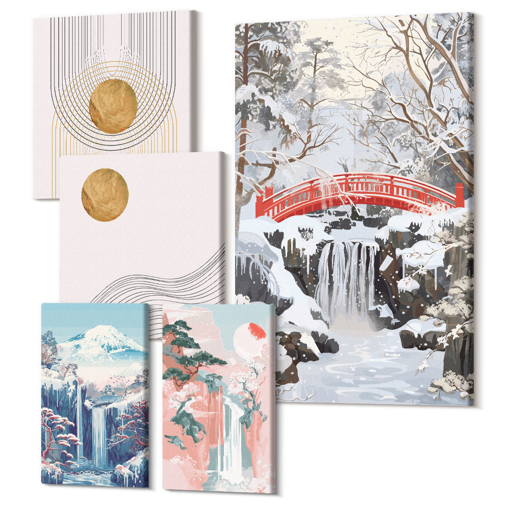 Sada 5 obrazov Krajiny s vodopádmi a mostami v japonskom štýle