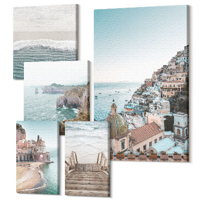 Sada obrazov pentaptych Pobrežná krajina s očarujúcimi mestečkami a plážami