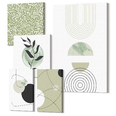 Sada obrazov na stenu pentaptych Abstraktné kompozície s geometrickými tvarmi a vegetáciou