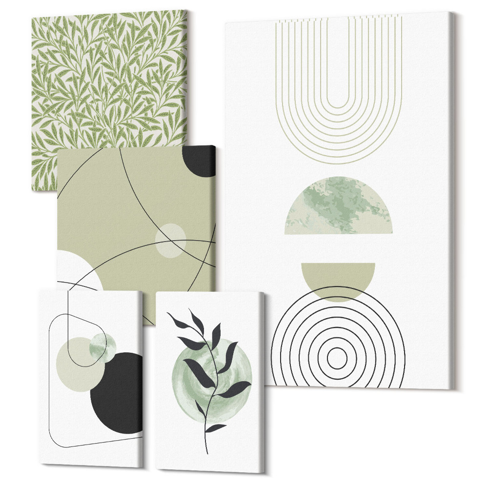 Sada 5 obrazov Abstraktné kompozície s rastlinnými motívmi a tvarmi