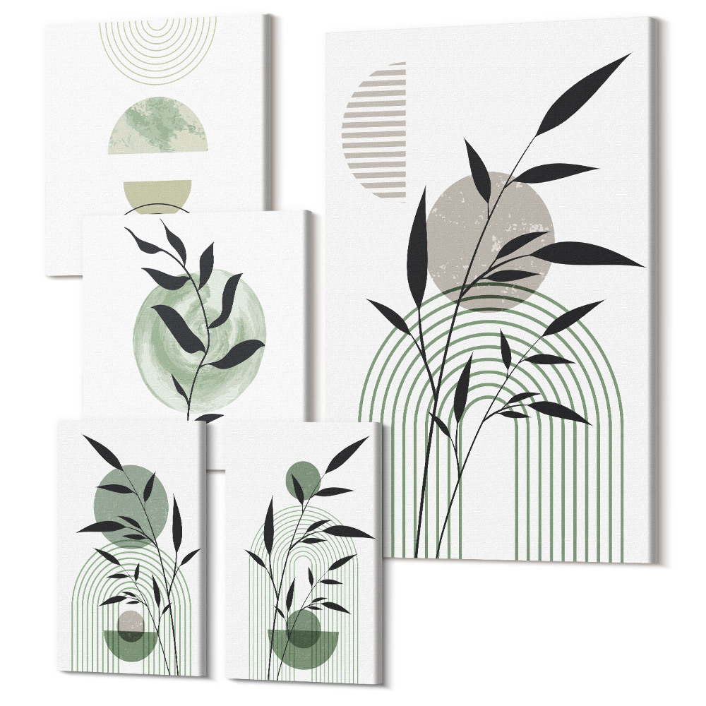 Sada obrazov pentaptych Štýlová grafika s rastlinnými motívmi a geometrickými tvarmi