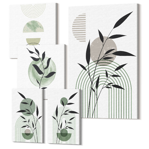 Sada obrazov pentaptych Štýlová grafika s rastlinnými motívmi a geometrickými tvarmi