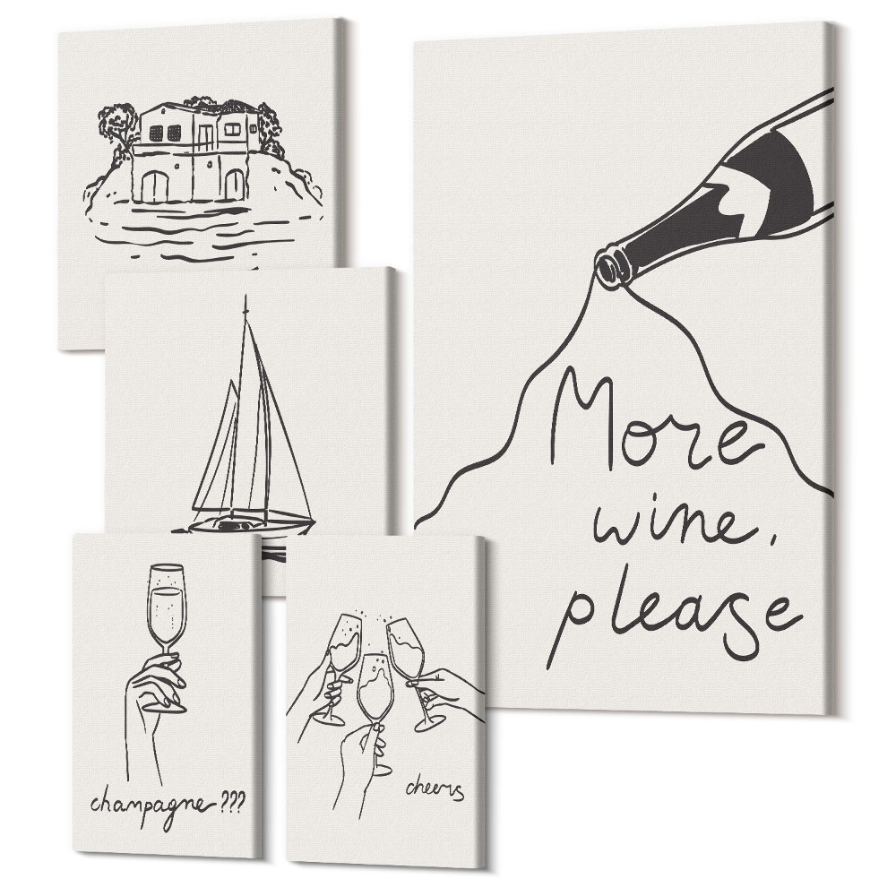 Sada obrazov na stenu pentaptych Štýlová grafika s tematikou vína a relaxu pri vode