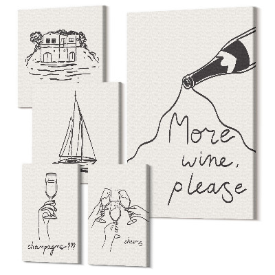 Sada obrazov na stenu pentaptych Štýlová grafika s tematikou vína a relaxu pri vode