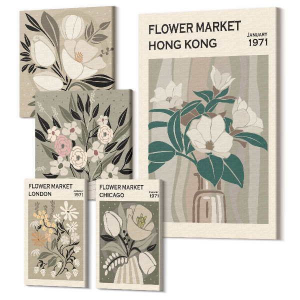 Sada obrazov na stenu pentaptych Kvetinové trhy z rôznych miest, retro a vintage štýl