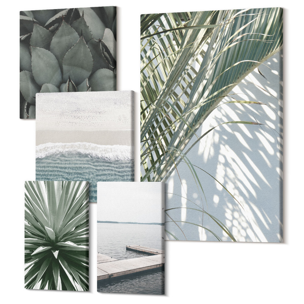 Sada 5 obrazov Tropické rastlinné motívy s výhľadom na more
