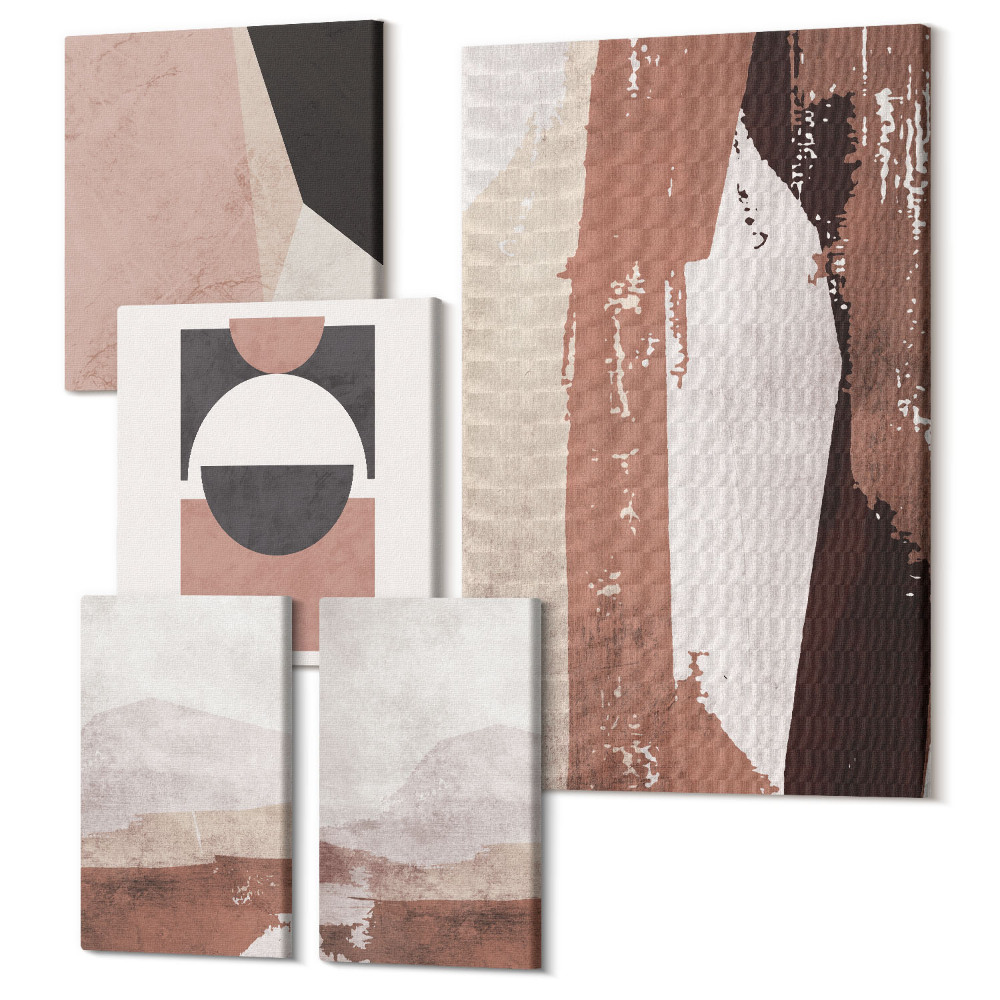 Sada obrazov pentaptych Abstraktné kompozície v zemitých tónoch a geometrických formách