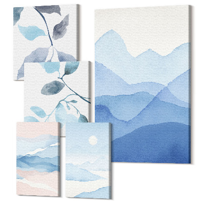 Sada obrazov na stenu pentaptych Príroda v odtieňoch modrej minimalistickej krajiny a listov