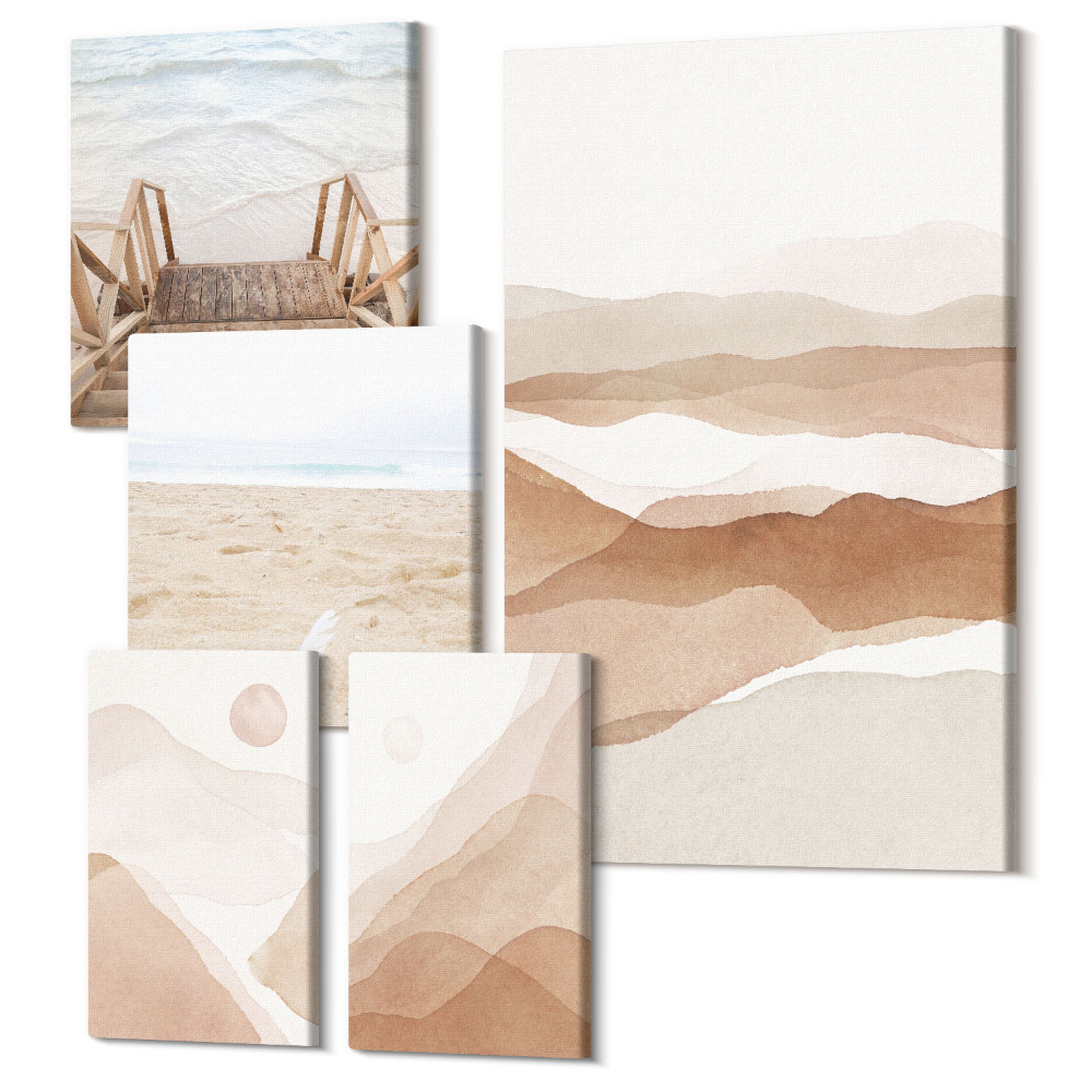 Sada 5 obrazov Minimalistické pláže a horské krajiny v odtieňoch prírody