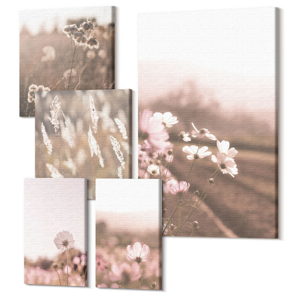 Sada obrazov pentaptych Kvetinové motívy v jemných odtieňoch prírody