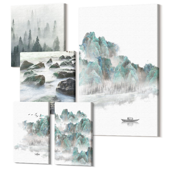 Sada obrazov pentaptych Pokojná prírodná krajina s vodou a vegetáciou