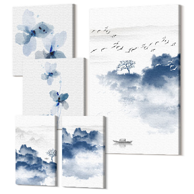 Sada obrazov na stenu pentaptych Krajiny s jemnými kvetmi a pokojnými vodami