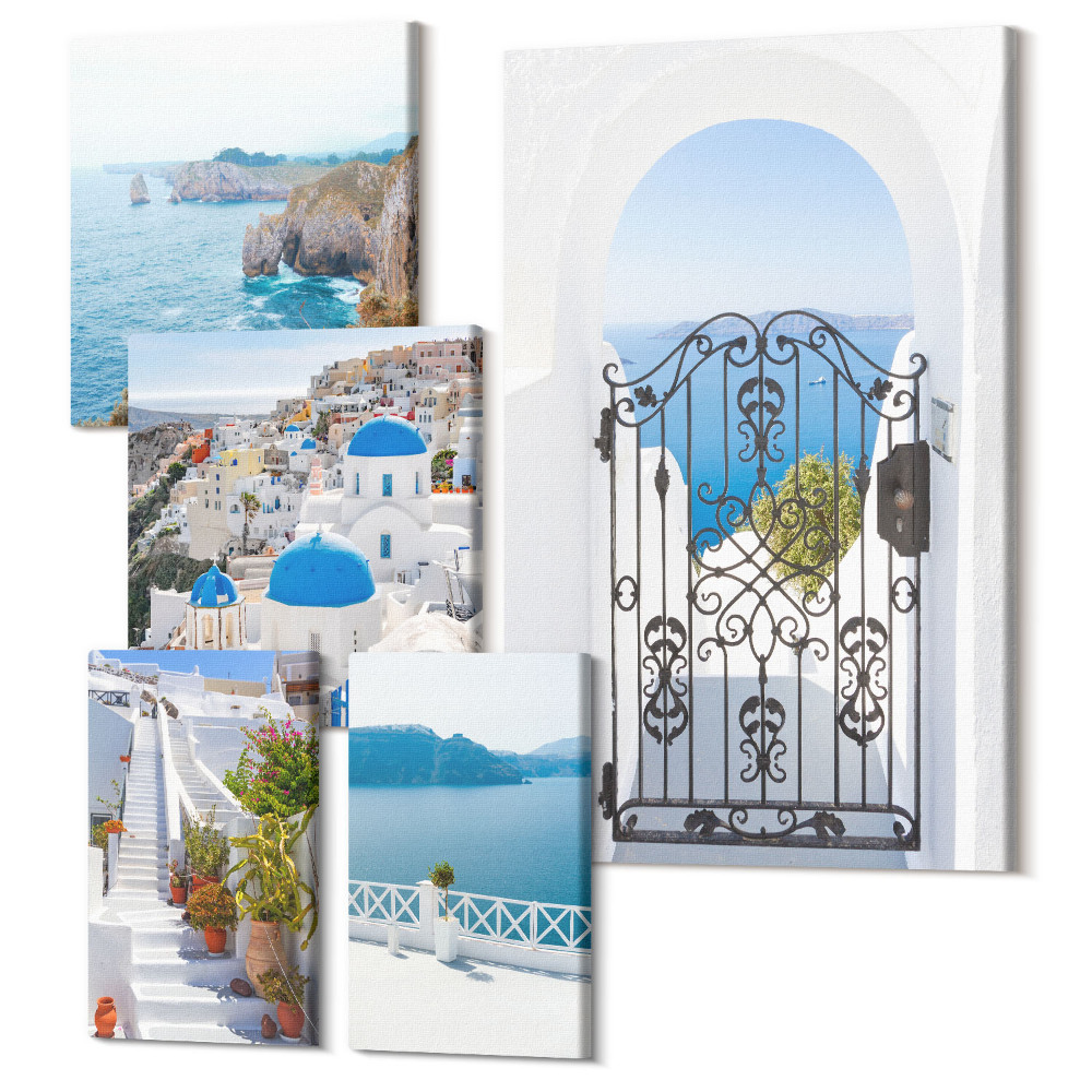 Sada obrazov pentaptych Výhľad na Santorini na modré more a biele domy