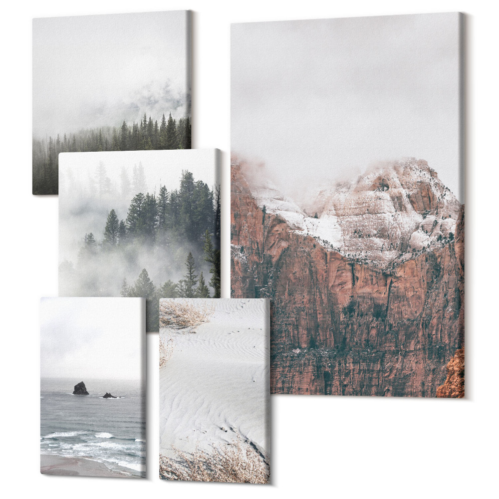 Sada obrazov pentaptych Prírodné krajiny hôr, lesov a pobreží v oblakoch