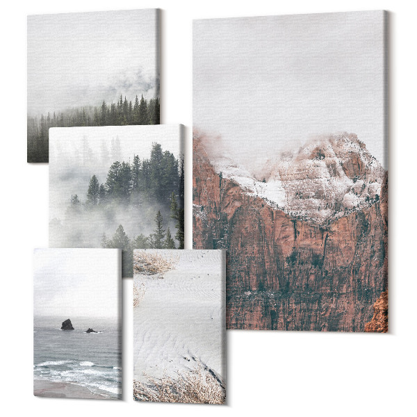 Sada obrazov pentaptych Prírodné krajiny hôr, lesov a pobreží v oblakoch