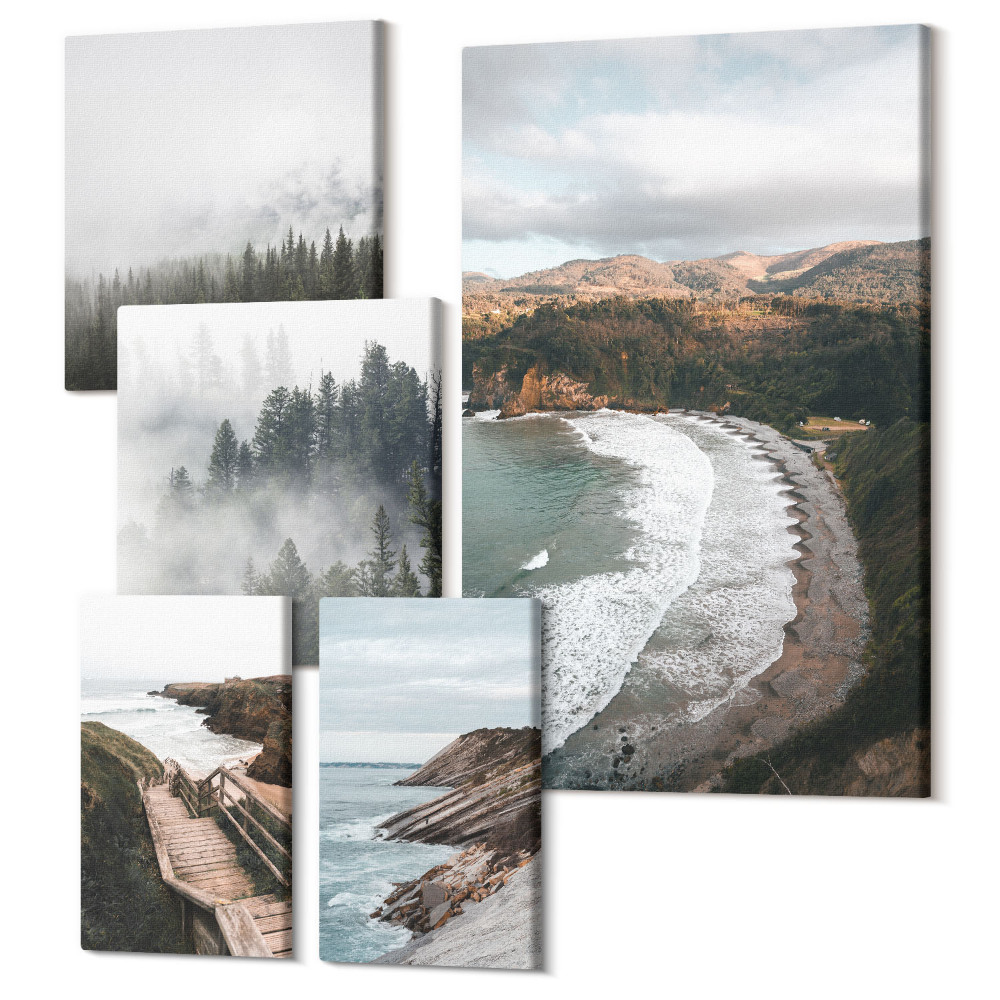 Sada obrazov na stenu pentaptych Pobrežná krajina s lesmi a horskými kopcami