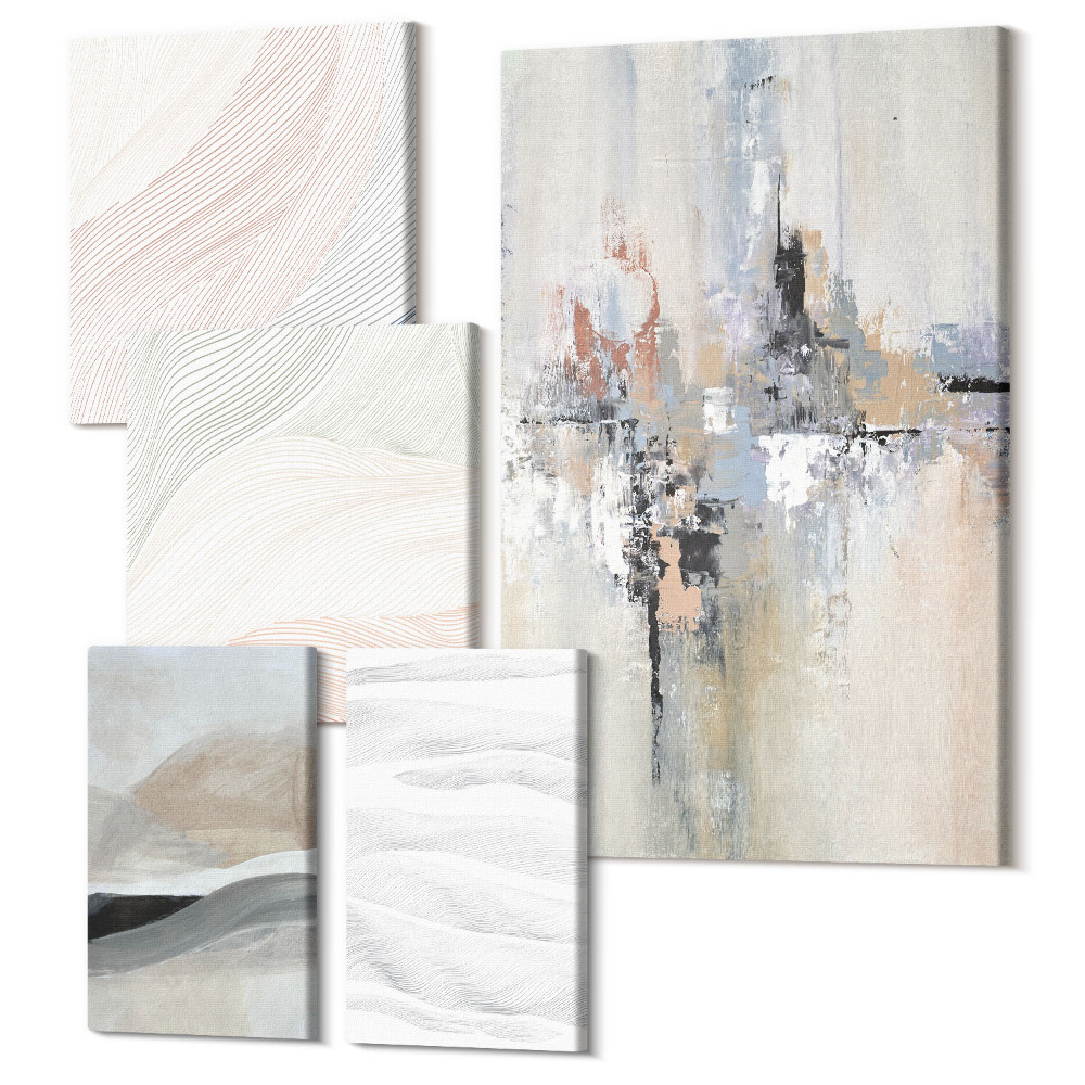 Sada obrazov pentaptych Abstraktné kompozície v jemných odtieňoch a formách