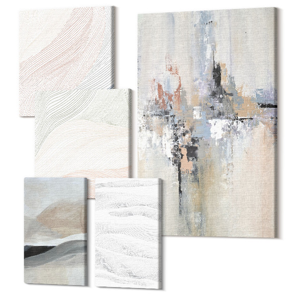 Sada obrazov pentaptych Abstraktné kompozície v jemných odtieňoch a formách