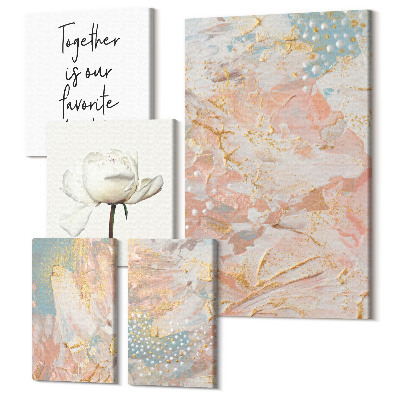 Sada obrazov na stenu pentaptych Abstraktné kompozície s kvetmi a inšpiratívnymi sloganmi