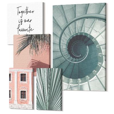 Sada obrazov na stenu pentaptych Štýlové interiéry s geometrickými vzormi a rastlinami