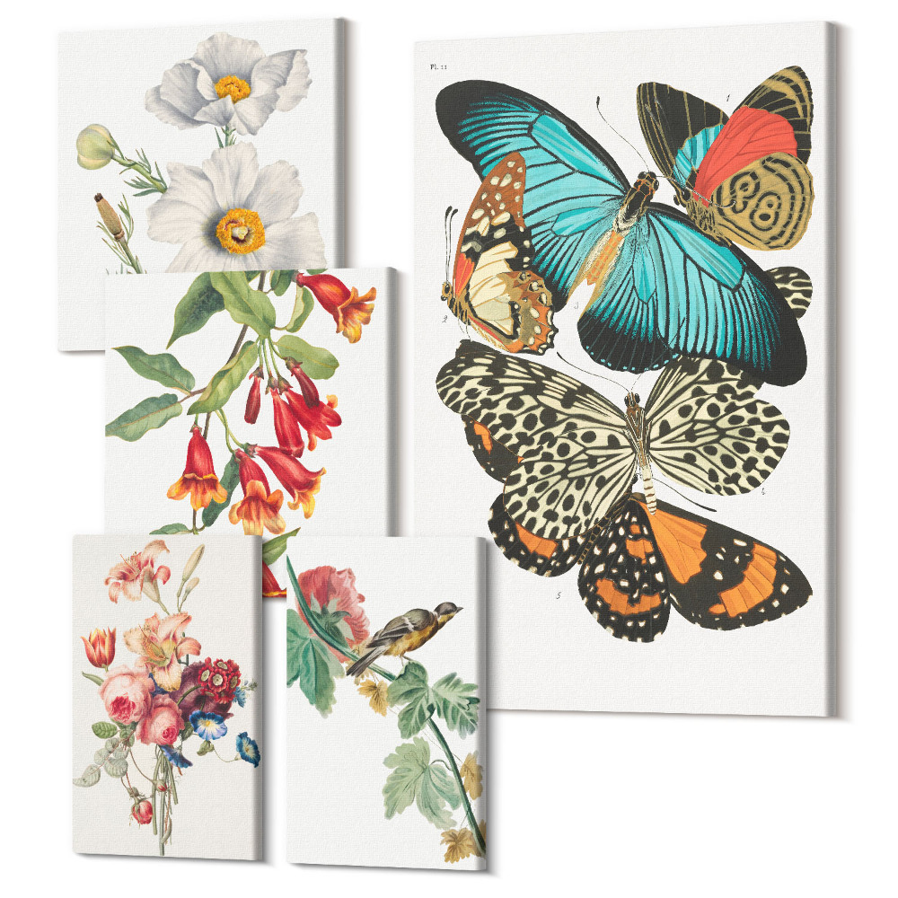 Sada obrazov pentaptych Vintage nástenná dekorácia s kvetmi, motýľmi a vtákmi