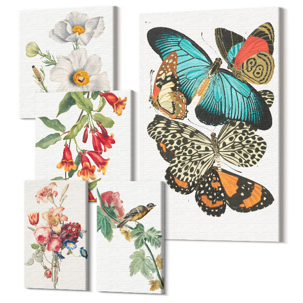 Sada obrazov pentaptych Vintage nástenná dekorácia s kvetmi, motýľmi a vtákmi