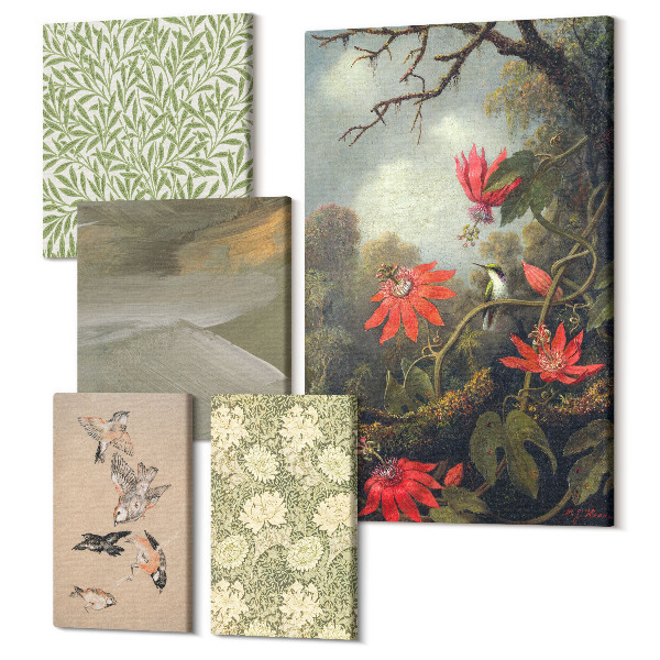 Sada obrazov na stenu pentaptych Kvety a vtáčiky v prírodných dekoratívnych motívoch