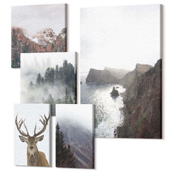 Sada obrazov na stenu pentaptych Prírodná krajina s divokou zverou a zvieratami
