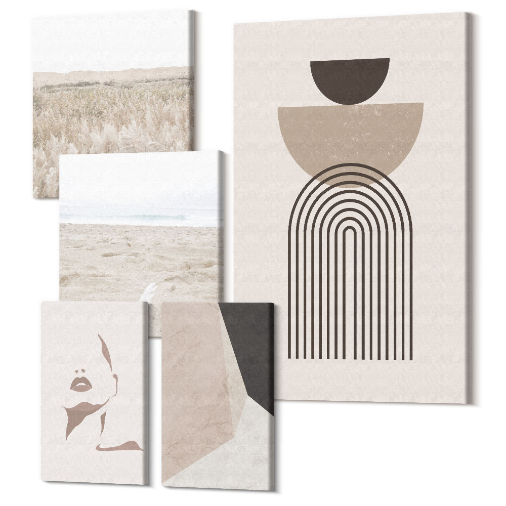 Sada obrazov pentaptych Štýlové abstrakcie a prírodné krajiny v tlmenej estetike