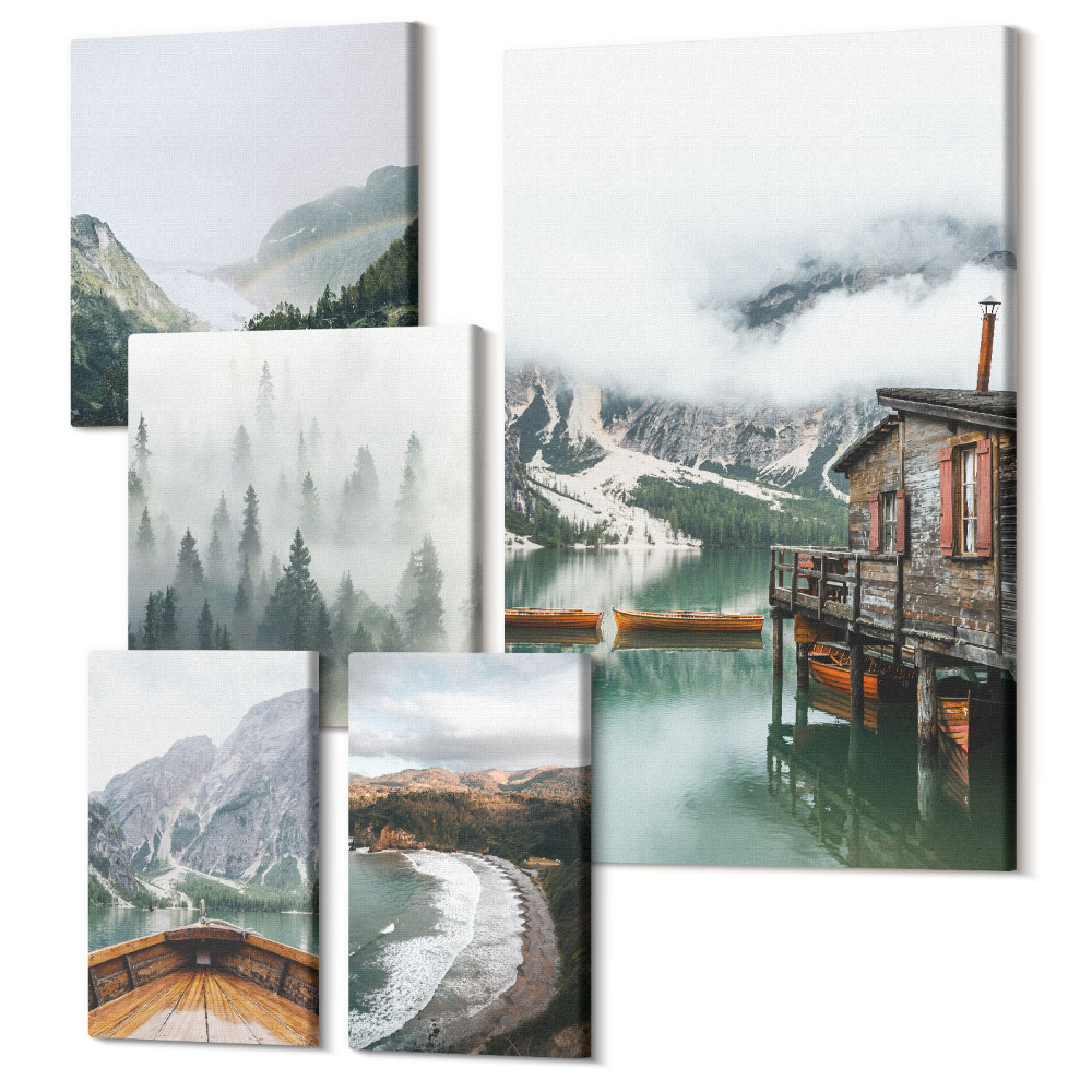 Sada obrazov pentaptych Horská krajina s chatami pri vode a lesmi