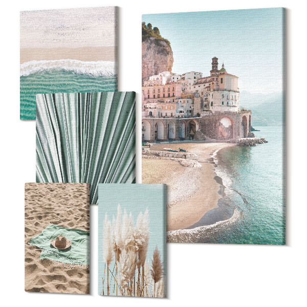 Sada obrazov na stenu pentaptych Štýlový výhľad na more s plážami a vegetáciou