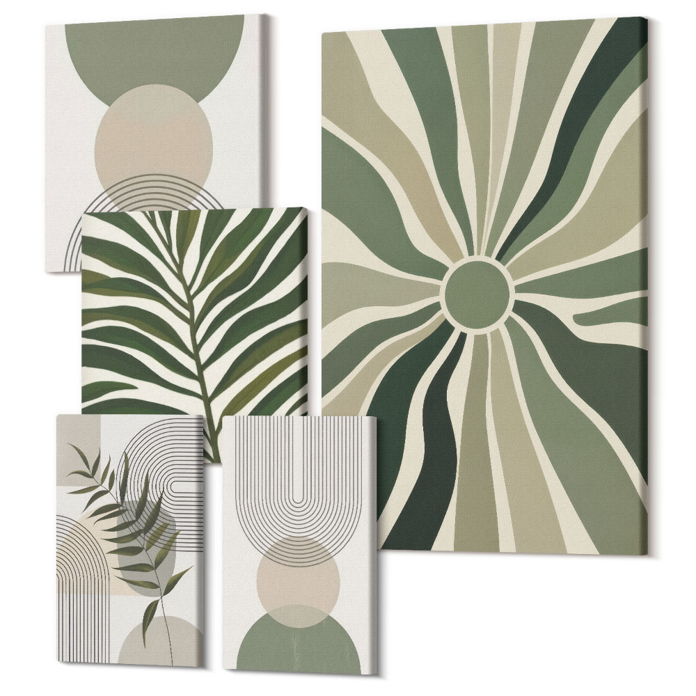 Sada obrazov pentaptych Štýlová grafika v odtieňoch zelenej s rastlinnými a geometrickými motívmi
