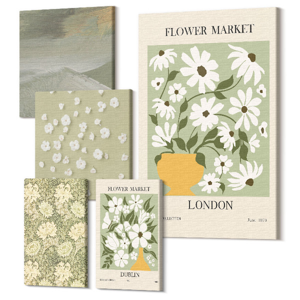 Sada obrazov na stenu pentaptych Kvetinové motívy na pozadí mestských námestí a krajiny