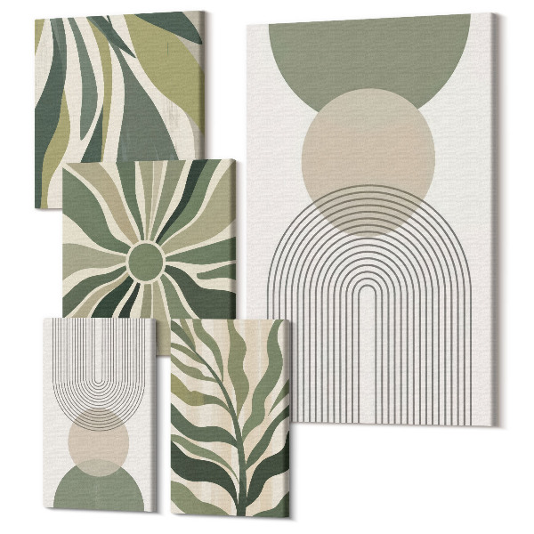 Sada obrazov na stenu pentaptych Štýlové abstrakcie v odtieňoch zelenej a béžovej