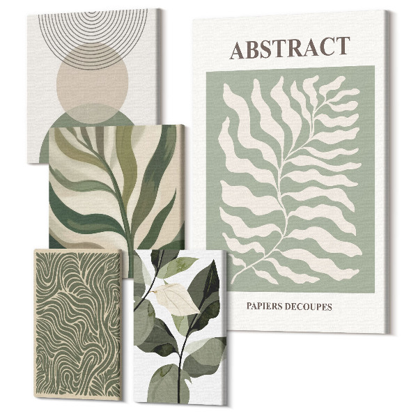 Sada 5 obrazov Abstraktné kompozície s rastlinnými motívmi a vzormi