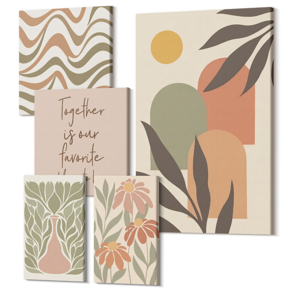 Sada obrazov na stenu pentaptych Štýlové dekorácie v pastelových farbách s rastlinnými motívmi