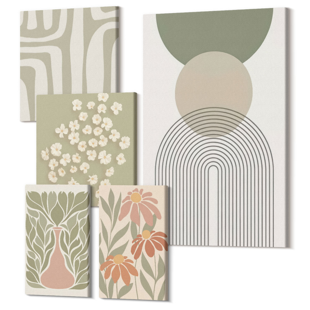 Sada 5 obrazov Štýlová grafika v pastelových odtieňoch s rastlinnými motívmi