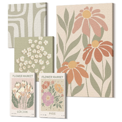 Sada obrazov na stenu pentaptych Kvetinové motívy z boho trhov v Londýne a Paríži