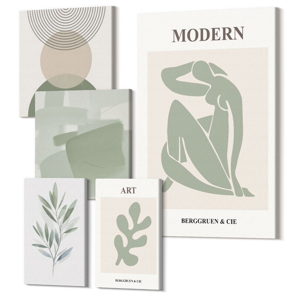 Sada obrazov na stenu pentaptych Moderný štýl s abstraktnými formami a rastlinnými motívmi