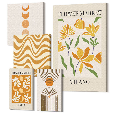 Sada obrazov na stenu pentaptych Štýlové dekorácie s kvetinovými a geometrickými motívmi