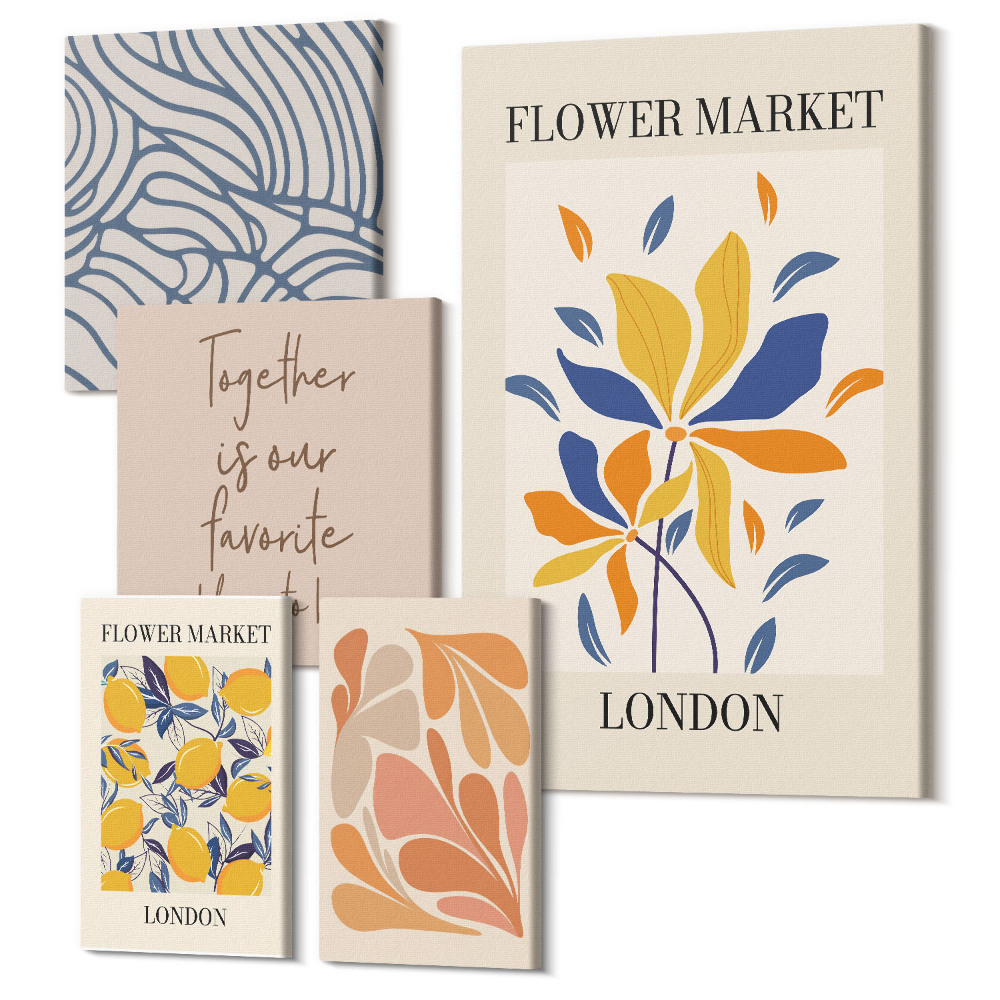 Sada obrazov pentaptych Kvetinové motívy a štylizované nápisy z Londýna